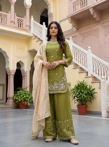 Wedding Wear Green Color Silk Pearl Embroidered Palazzo Suit Set