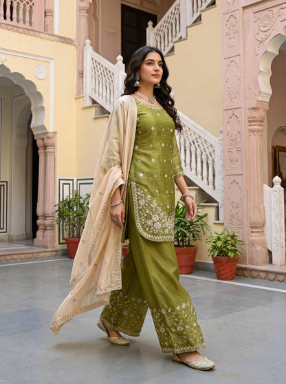 Wedding Wear Green Color Silk Pearl Embroidered Palazzo Suit Set