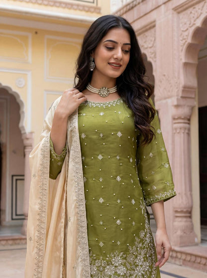 Wedding Wear Green Color Silk Pearl Embroidered Palazzo Suit Set