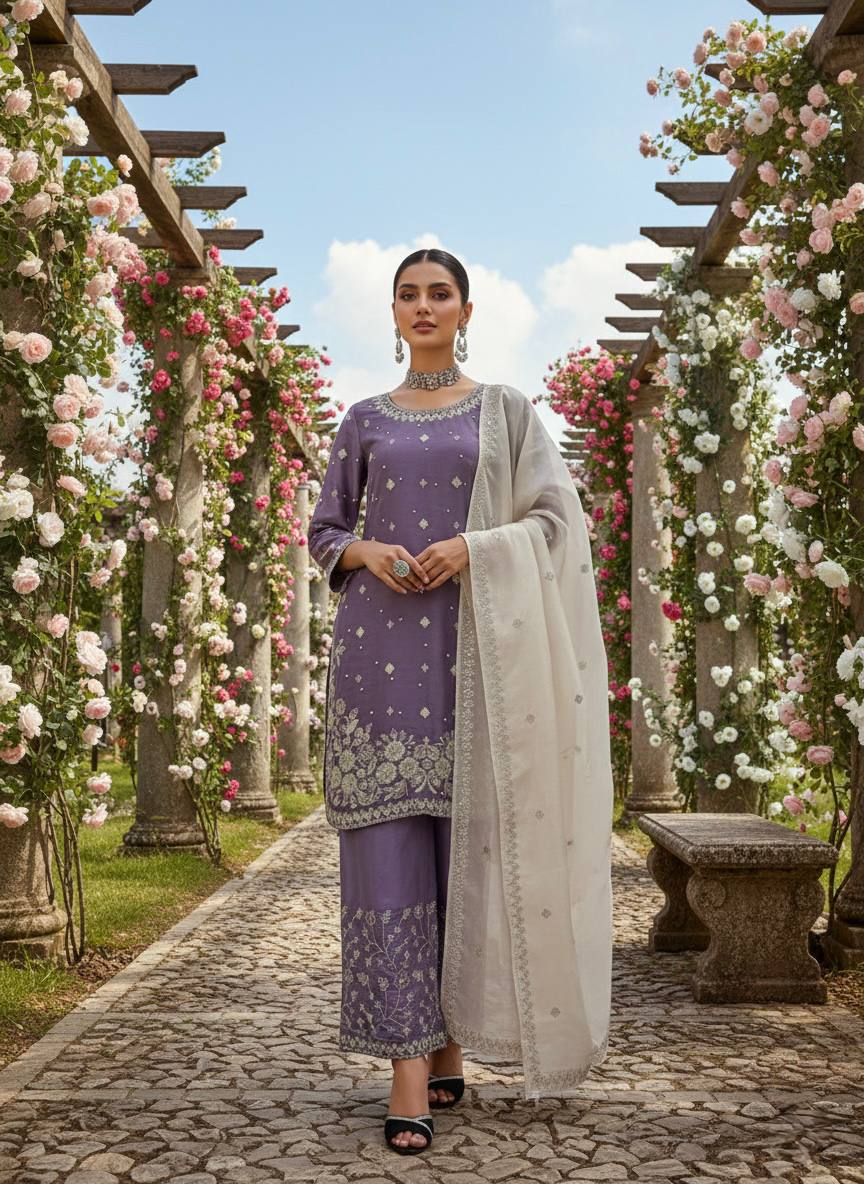 Designer Lavender Color Silk Pearl Embroidered Palazzo Suit Set