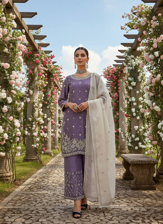 Designer Lavender Color Silk Pearl Embroidered Palazzo Suit Set