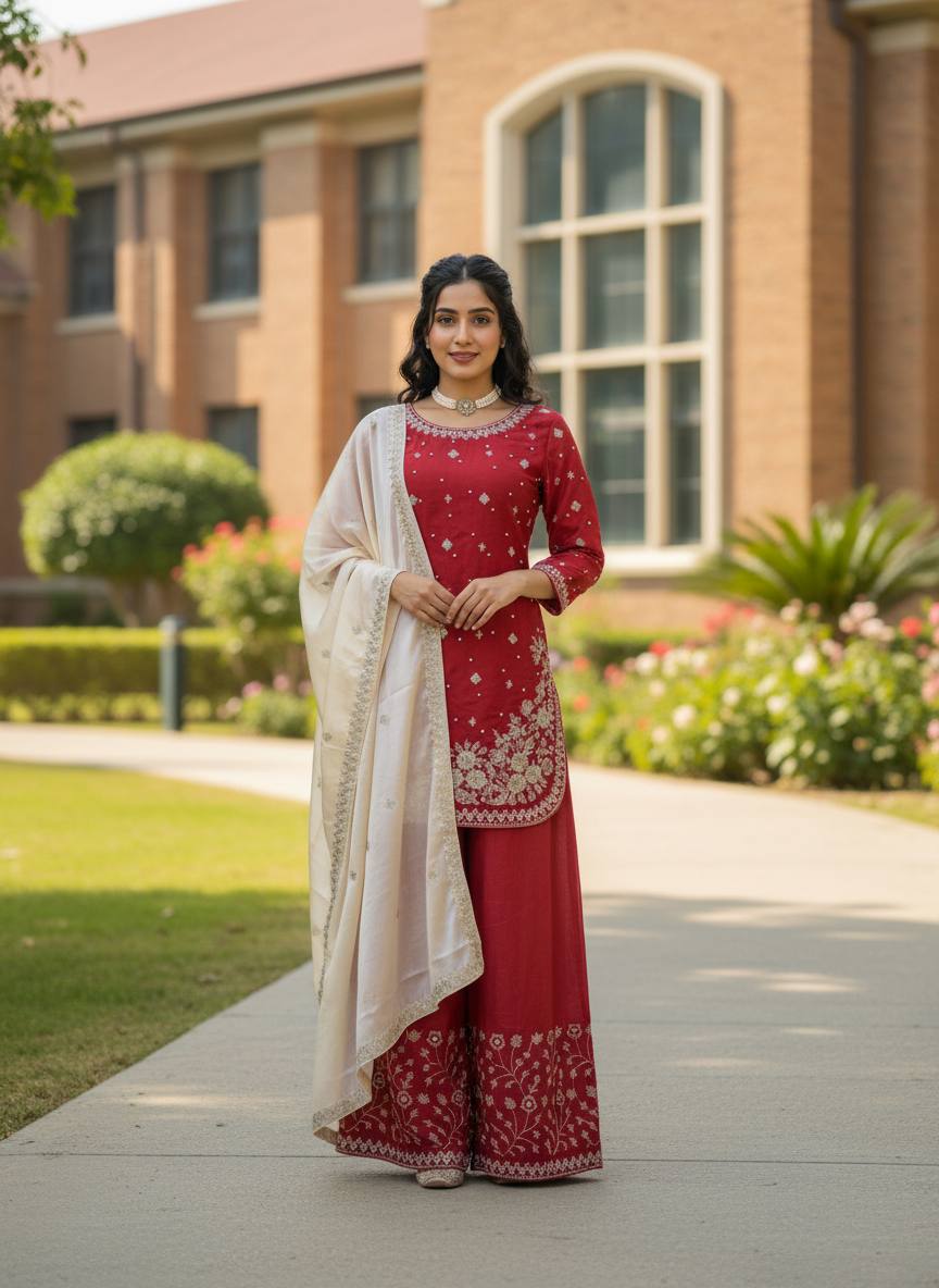Designer Red Color Silk Pearl Embroidered Palazzo Suit Set