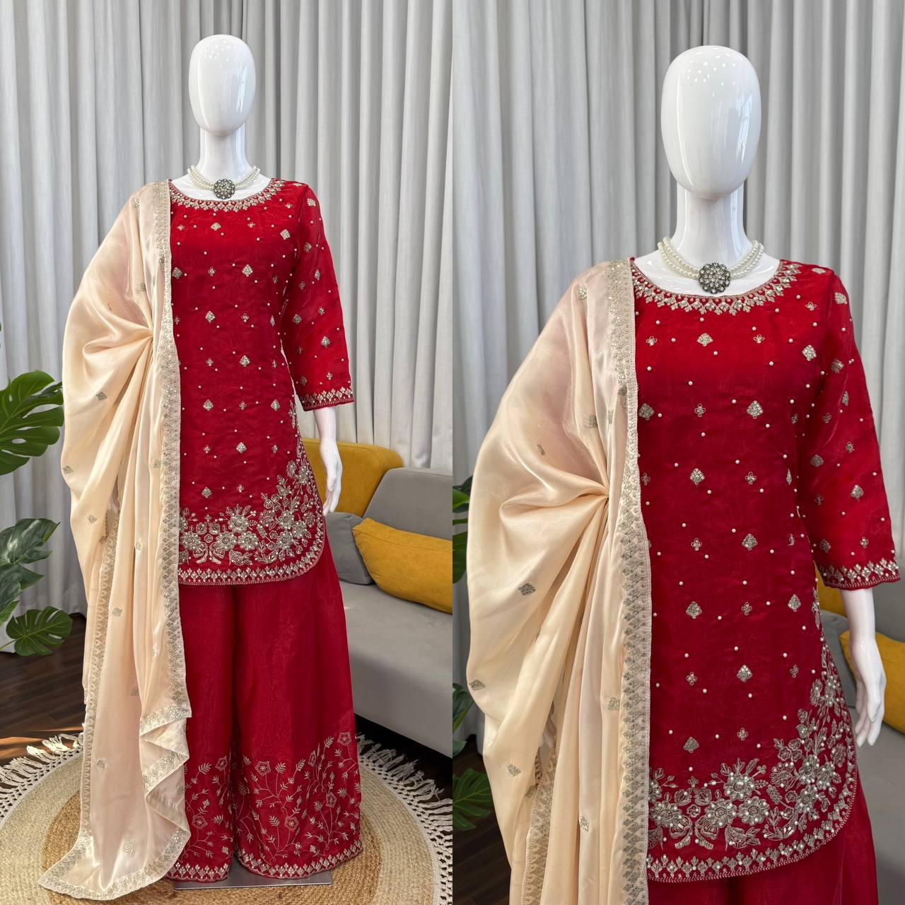 Designer Red Color Silk Pearl Embroidered Palazzo Suit Set