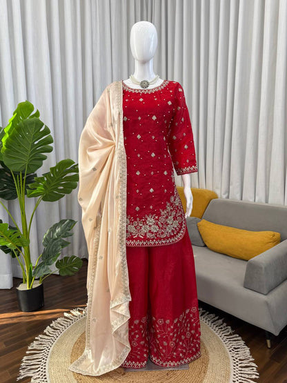 Designer Red Color Silk Pearl Embroidered Palazzo Suit Set