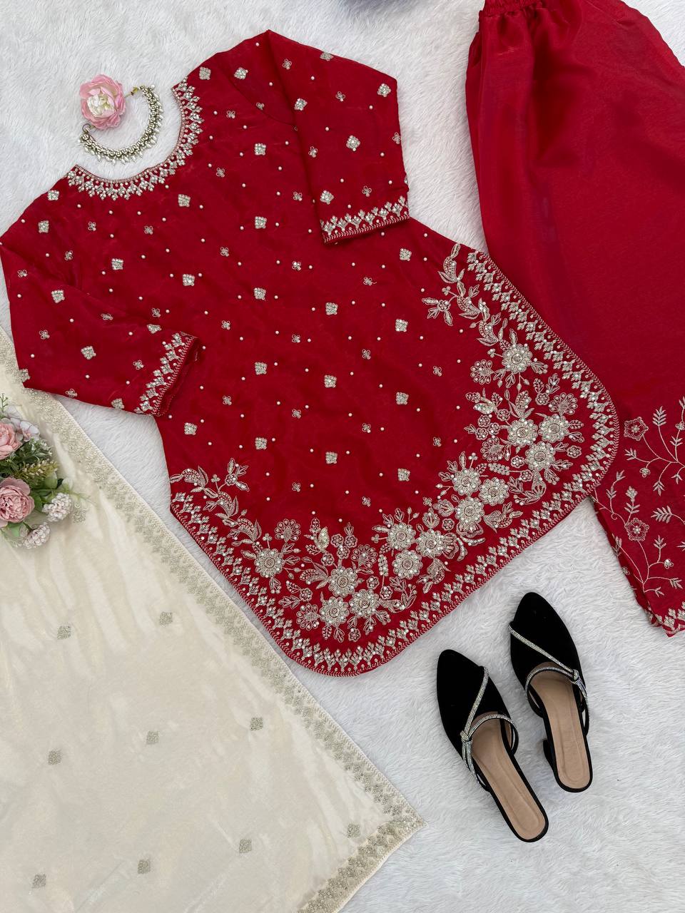 Designer Red Color Silk Pearl Embroidered Palazzo Suit Set