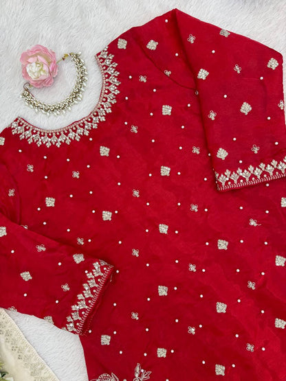 Designer Red Color Silk Pearl Embroidered Palazzo Suit Set