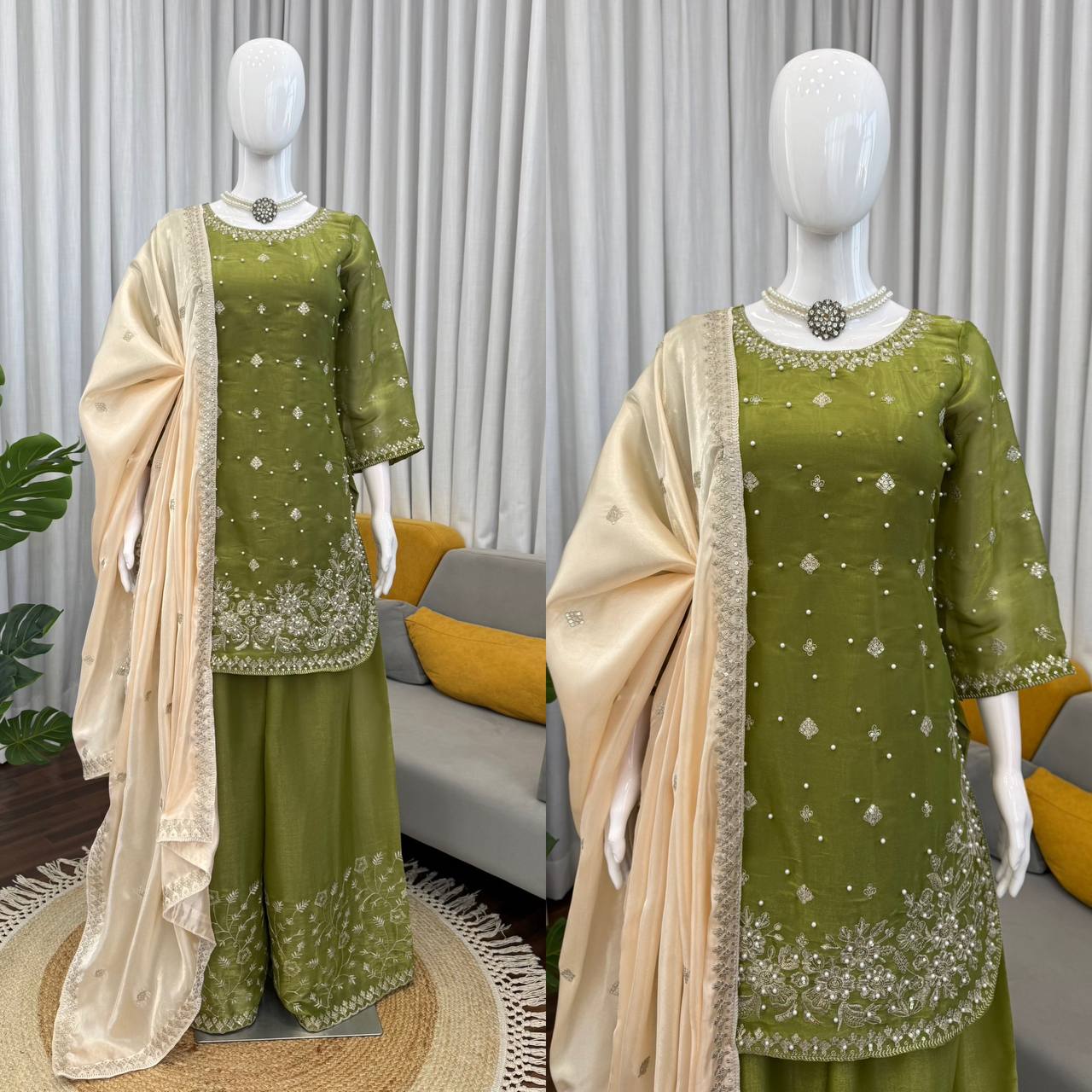 Wedding Wear Green Color Silk Pearl Embroidered Palazzo Suit Set
