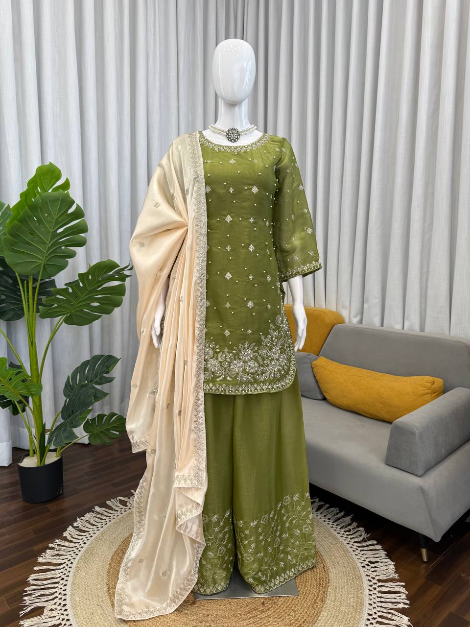Wedding Wear Green Color Silk Pearl Embroidered Palazzo Suit Set