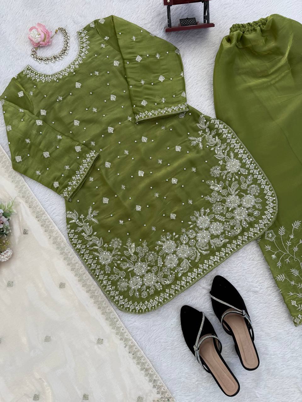 Wedding Wear Green Color Silk Pearl Embroidered Palazzo Suit Set