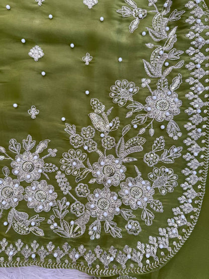 Wedding Wear Green Color Silk Pearl Embroidered Palazzo Suit Set