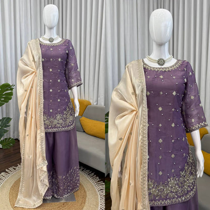 Designer Lavender Color Silk Pearl Embroidered Palazzo Suit Set