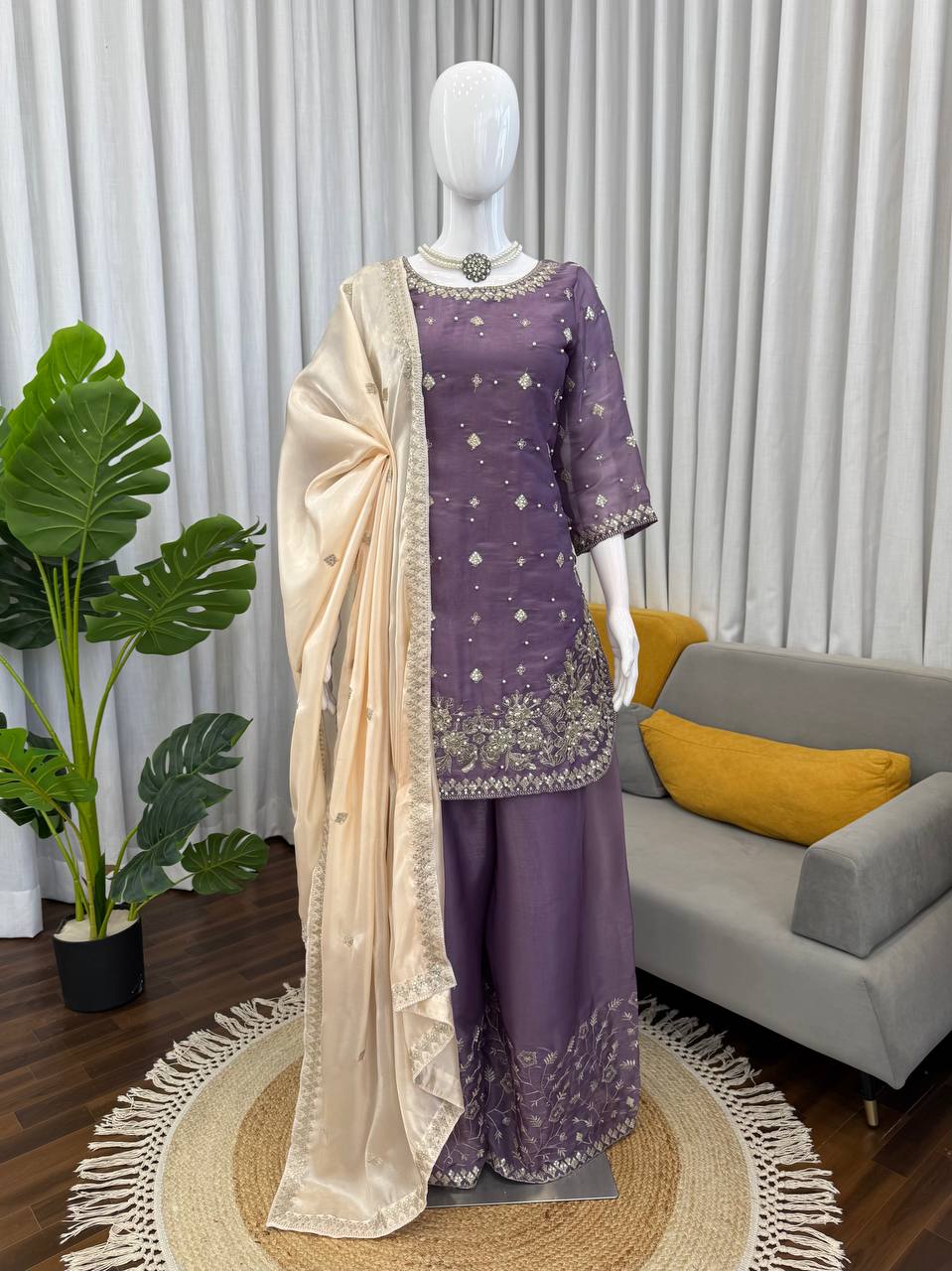 Designer Lavender Color Silk Pearl Embroidered Palazzo Suit Set
