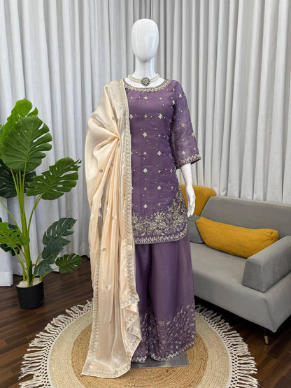 Designer Lavender Color Silk Pearl Embroidered Palazzo Suit Set