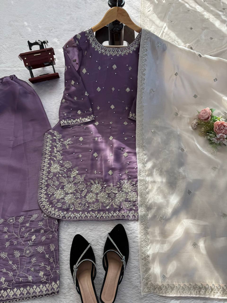 Designer Lavender Color Silk Pearl Embroidered Palazzo Suit Set