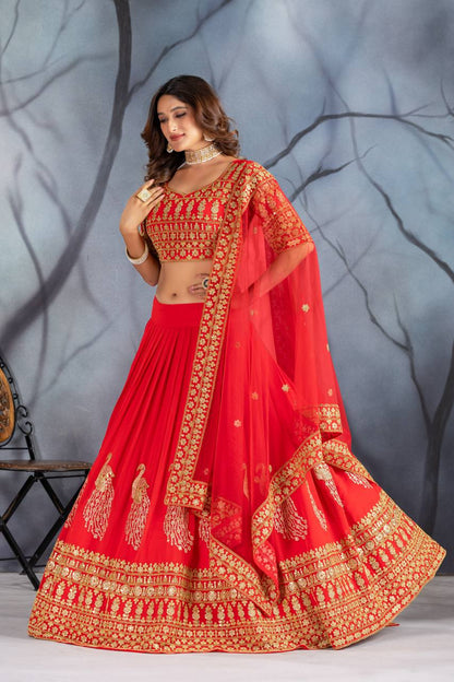 Bridal Wear Red Color Heavy Fuax Georgette Heavy Embroidery Coding Sequence Work Lehenga Choli