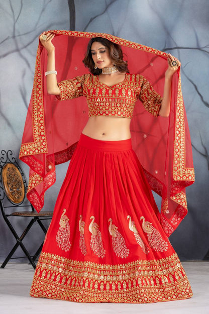 Bridal Wear Red Color Heavy Fuax Georgette Heavy Embroidery Coding Sequence Work Lehenga Choli