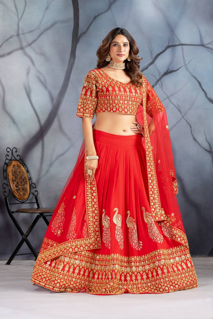 Bridal Wear Red Color Heavy Fuax Georgette Heavy Embroidery Coding Sequence Work Lehenga Choli