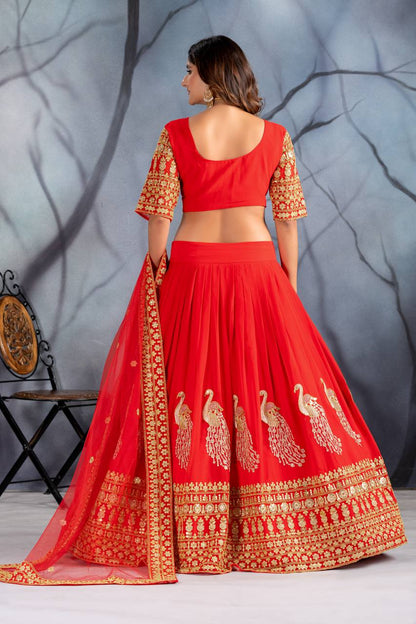 Bridal Wear Red Color Heavy Fuax Georgette Heavy Embroidery Coding Sequence Work Lehenga Choli