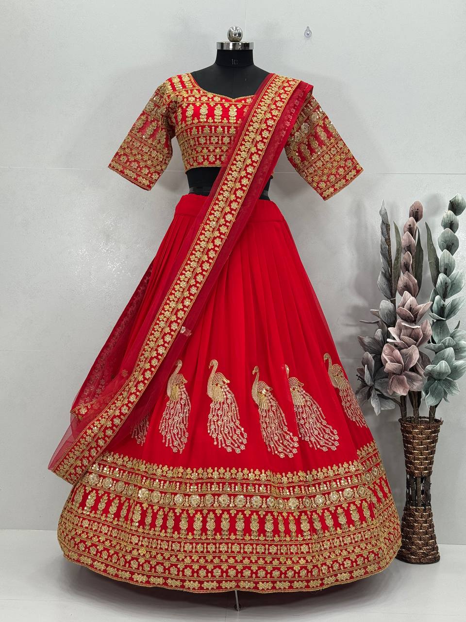 Bridal Wear Red Color Heavy Fuax Georgette Heavy Embroidery Coding Sequence Work Lehenga Choli