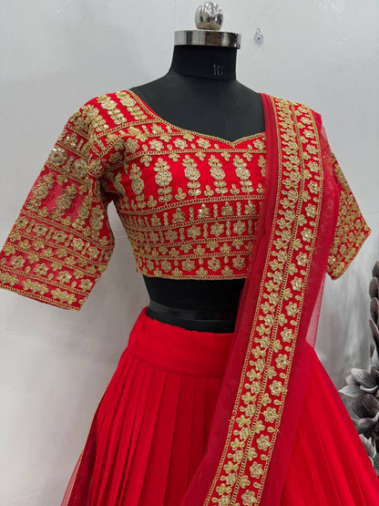 Bridal Wear Red Color Heavy Fuax Georgette Heavy Embroidery Coding Sequence Work Lehenga Choli