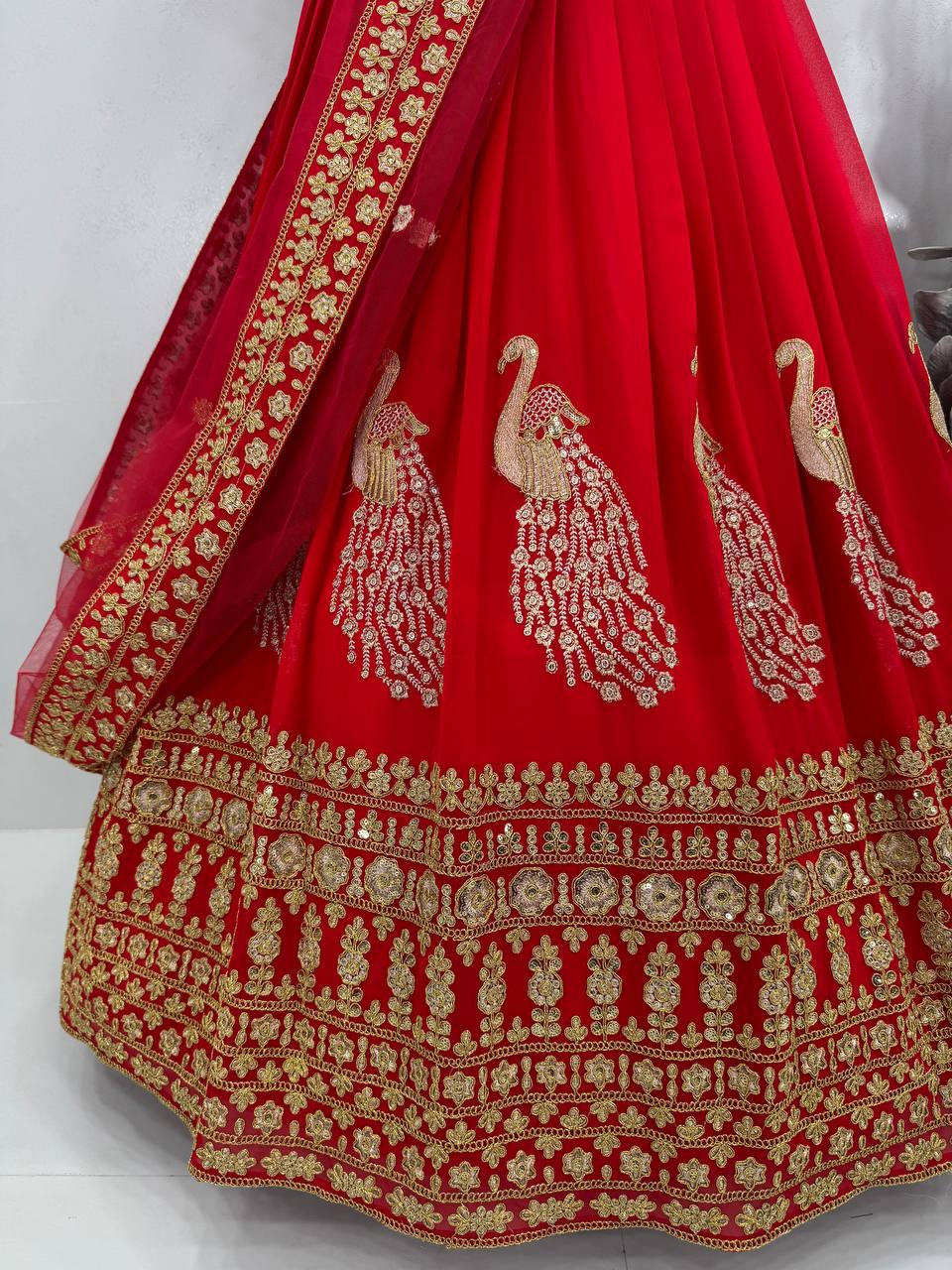 Bridal Wear Red Color Heavy Fuax Georgette Heavy Embroidery Coding Sequence Work Lehenga Choli