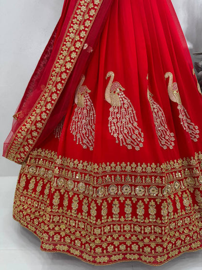 Bridal Wear Red Color Heavy Fuax Georgette Heavy Embroidery Coding Sequence Work Lehenga Choli