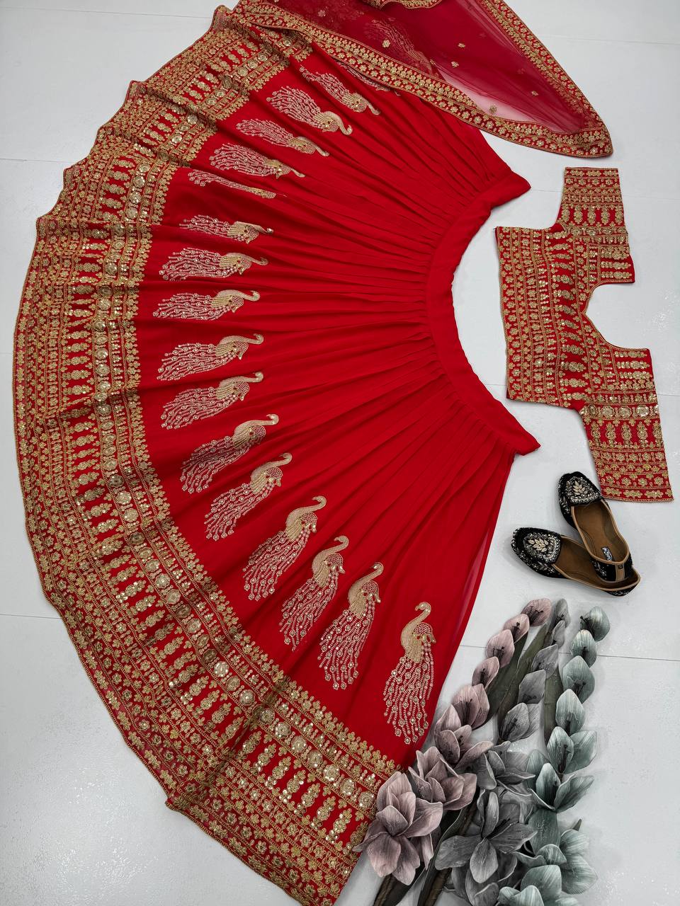 Bridal Wear Red Color Heavy Fuax Georgette Heavy Embroidery Coding Sequence Work Lehenga Choli