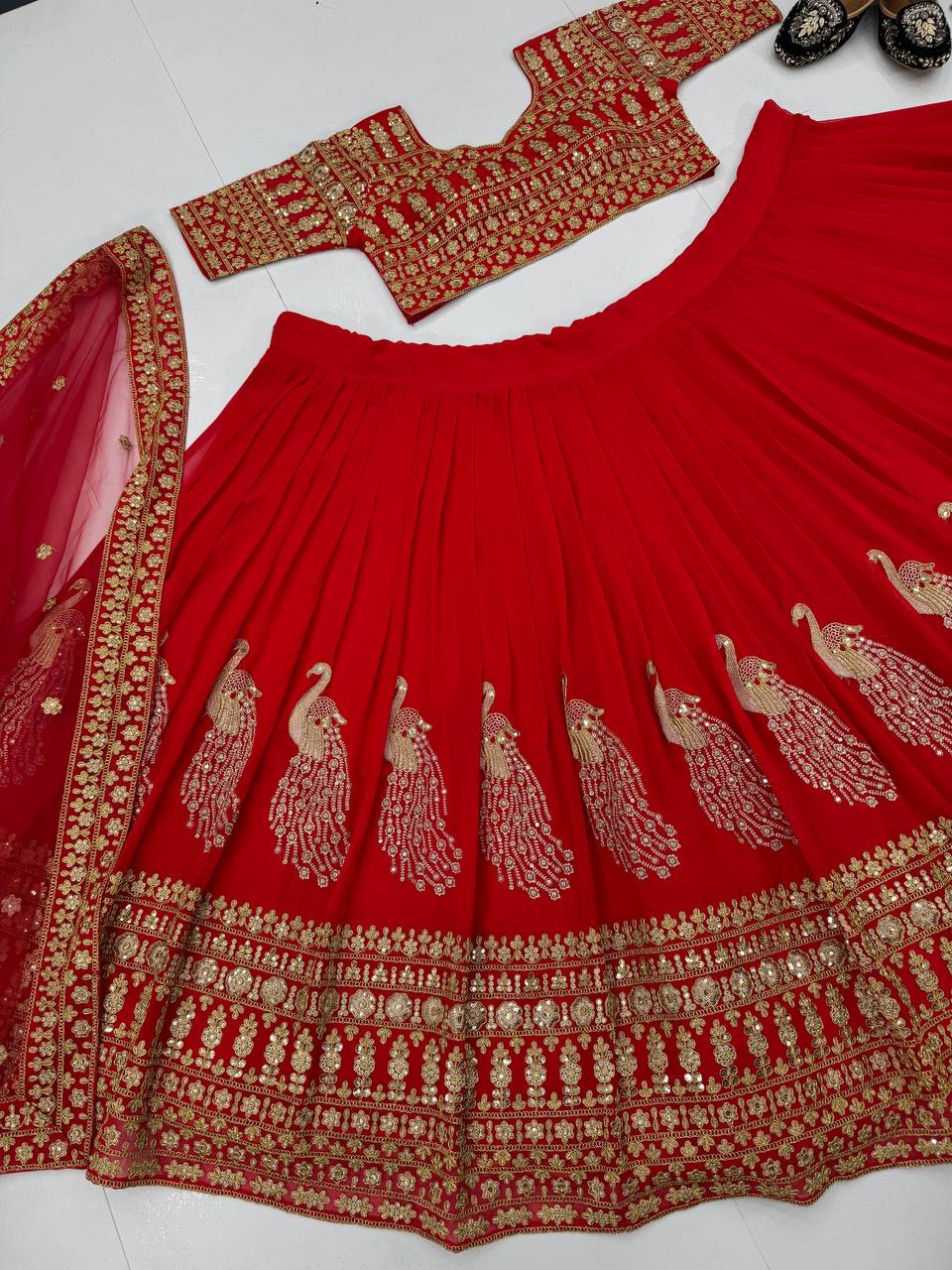 Bridal Wear Red Color Heavy Fuax Georgette Heavy Embroidery Coding Sequence Work Lehenga Choli