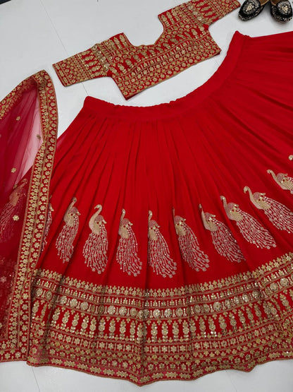 Bridal Wear Red Color Heavy Fuax Georgette Heavy Embroidery Coding Sequence Work Lehenga Choli