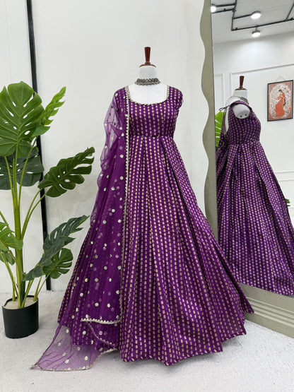 Designer Purple Color Jacquard Silk Weaving With Lace Broder Beautiful Gown