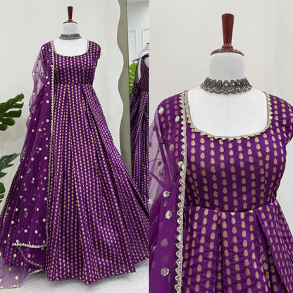 Designer Purple Color Jacquard Silk Weaving With Lace Broder Beautiful Gown