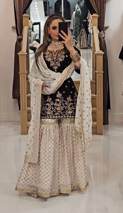 Party Wear Black Color Heavy Faux Georgette With 5mm Embroidery Sequence Work Sharara Suit