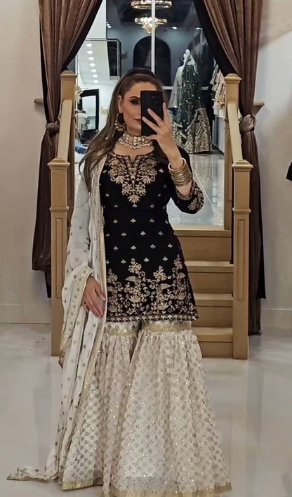 Party Wear Black Color Heavy Faux Georgette With 5mm Embroidery Sequence Work Sharara Suit