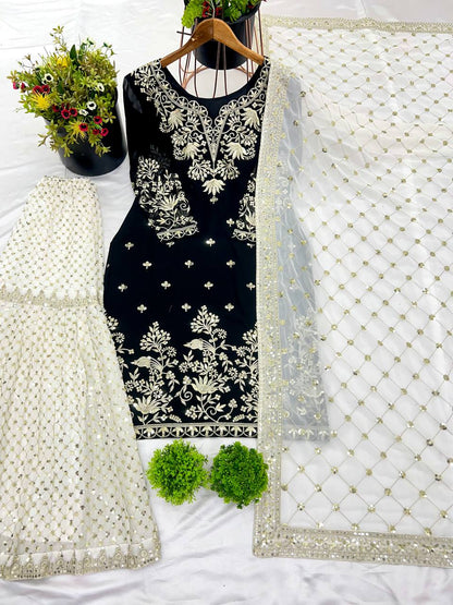 Party Wear Black Color Heavy Faux Georgette With 5mm Embroidery Sequence Work Sharara Suit