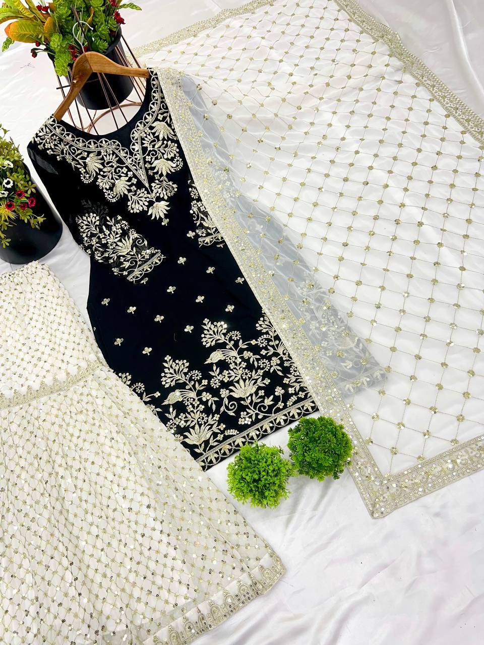 Party Wear Black Color Heavy Faux Georgette With 5mm Embroidery Sequence Work Sharara Suit