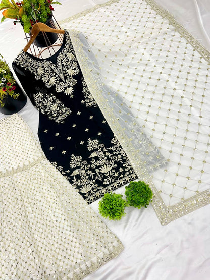 Party Wear Black Color Heavy Faux Georgette With 5mm Embroidery Sequence Work Sharara Suit