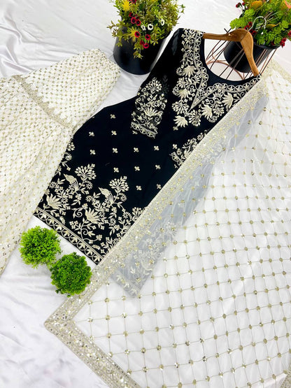 Party Wear Black Color Heavy Faux Georgette With 5mm Embroidery Sequence Work Sharara Suit