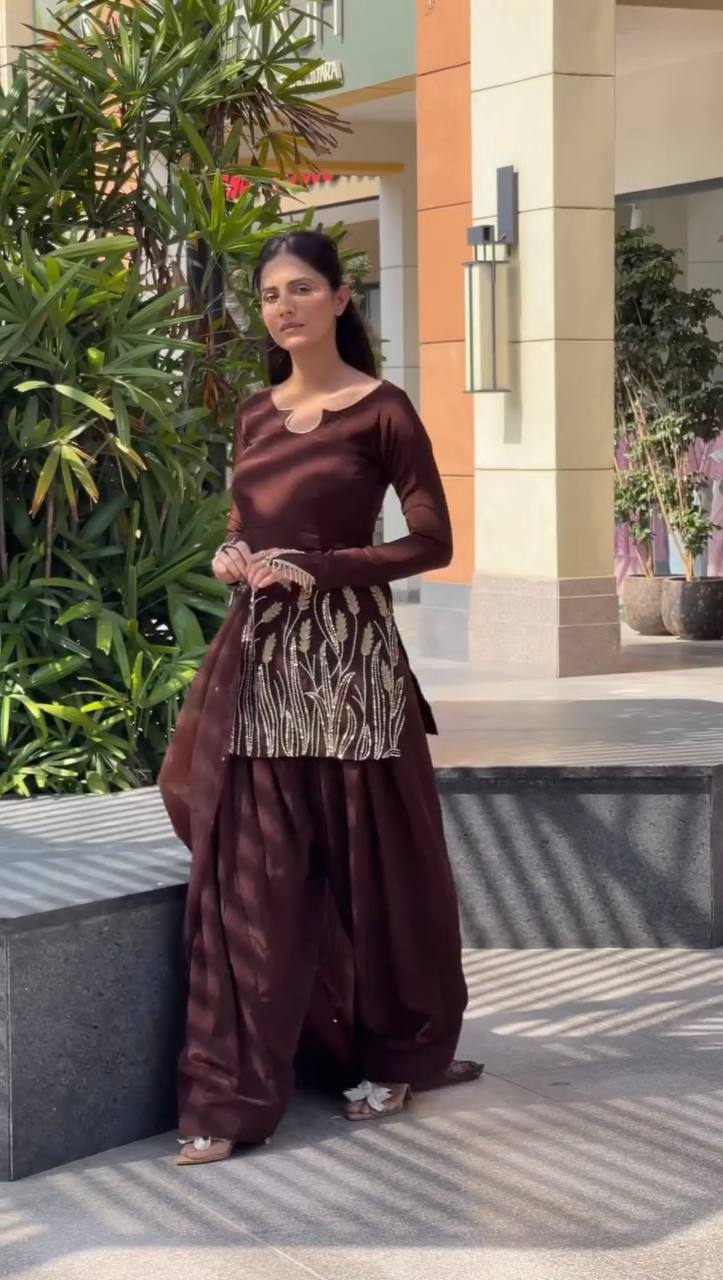 Function Wear Brown Color Pure Faux Georgette With Embroidery Sequence Work Palazzo Suit