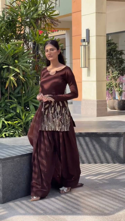 Function Wear Brown Color Pure Faux Georgette With Embroidery Sequence Work Palazzo Suit