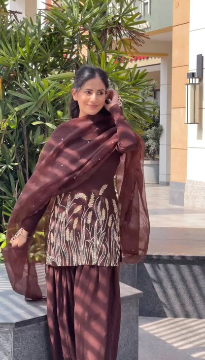 Function Wear Brown Color Pure Faux Georgette With Embroidery Sequence Work Palazzo Suit