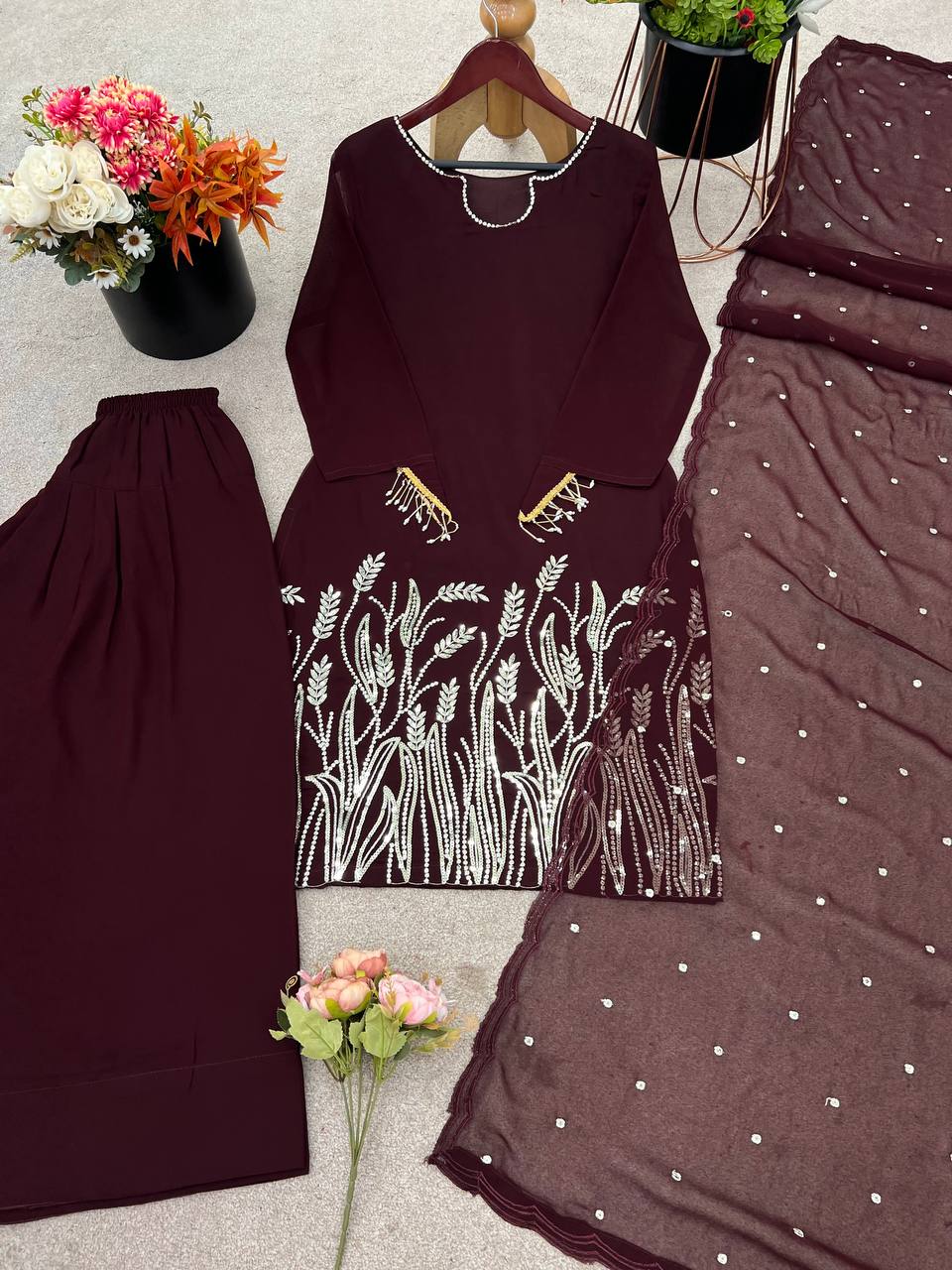 Function Wear Brown Color Pure Faux Georgette With Embroidery Sequence Work Palazzo Suit