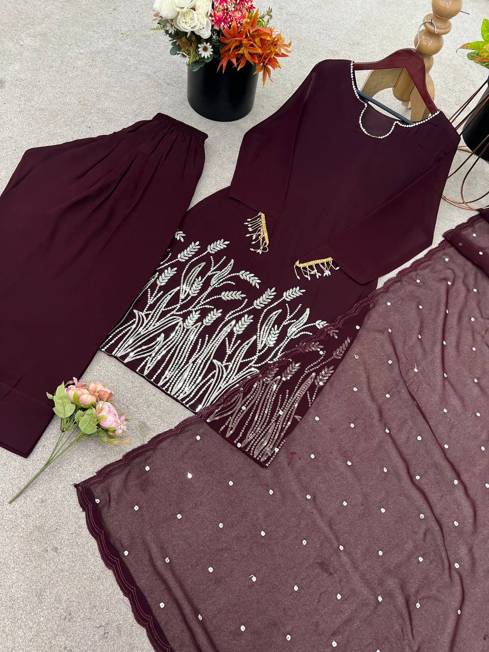 Function Wear Brown Color Pure Faux Georgette With Embroidery Sequence Work Palazzo Suit