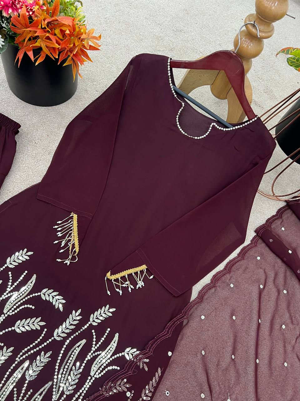 Function Wear Brown Color Pure Faux Georgette With Embroidery Sequence Work Palazzo Suit