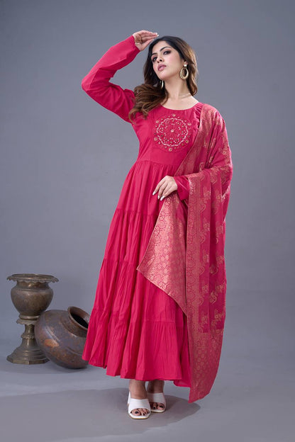 Reception Wear Pink Color Heavy Roman Silk With Embroidery Sequence Work Anarkali Gown