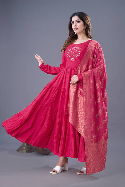 Reception Wear Pink Color Heavy Roman Silk With Embroidery Sequence Work Anarkali Gown
