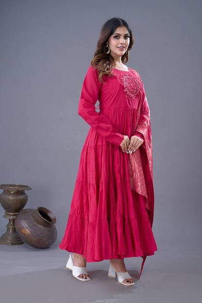 Reception Wear Pink Color Heavy Roman Silk With Embroidery Sequence Work Anarkali Gown