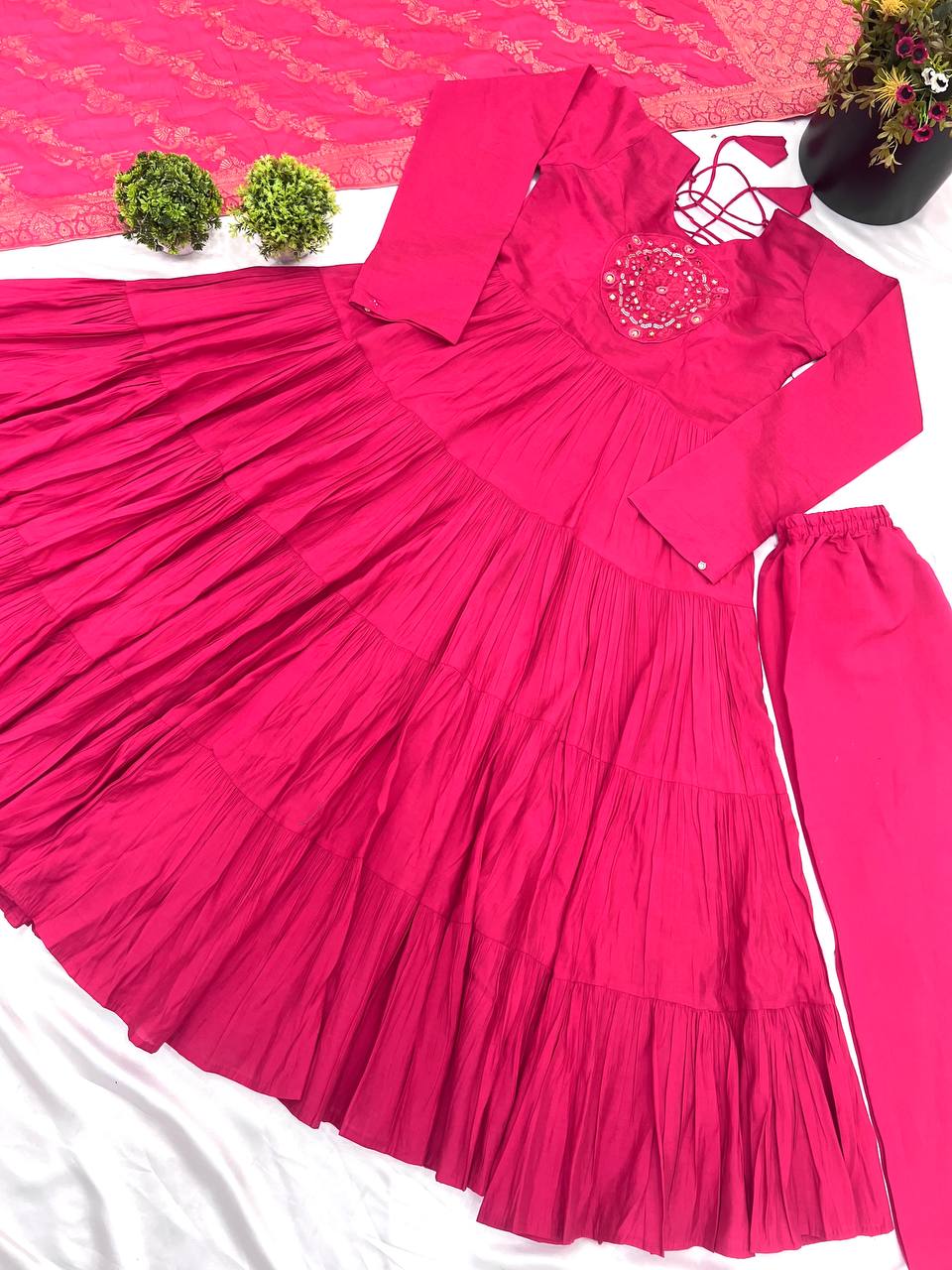 Reception Wear Pink Color Heavy Roman Silk With Embroidery Sequence Work Anarkali Gown