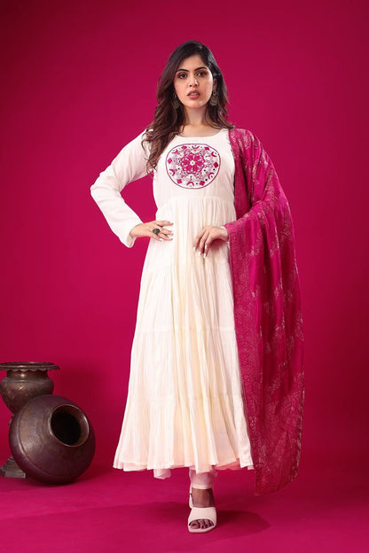 Reception Wear Off White Color Heavy Roman Silk With Embroidery Sequence Work Anarkali Gown