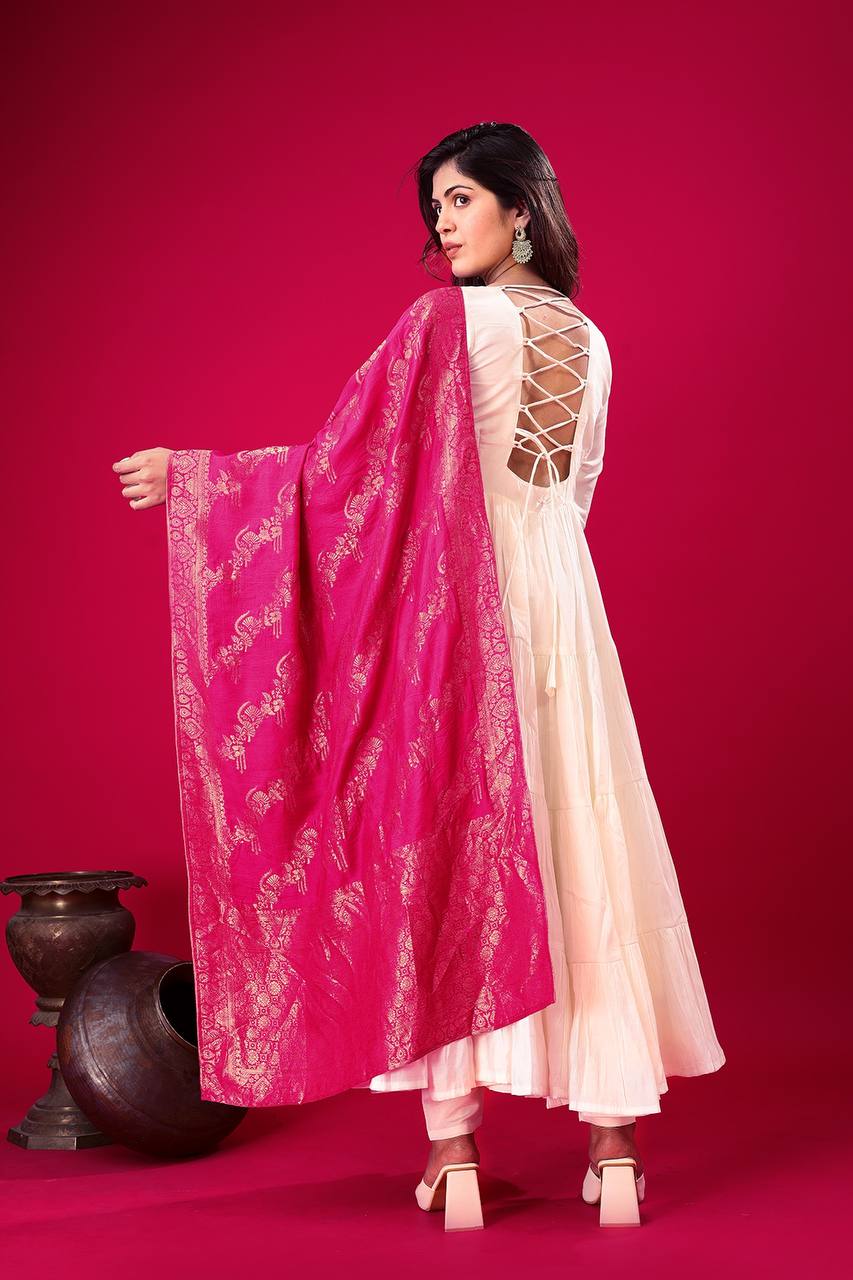 Reception Wear Off White Color Heavy Roman Silk With Embroidery Sequence Work Anarkali Gown