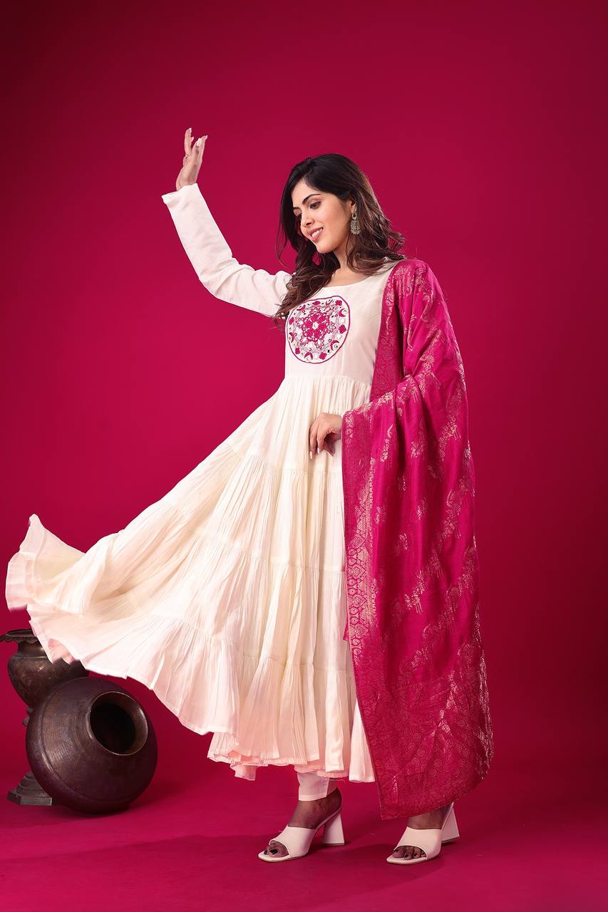 Reception Wear Off White Color Heavy Roman Silk With Embroidery Sequence Work Anarkali Gown